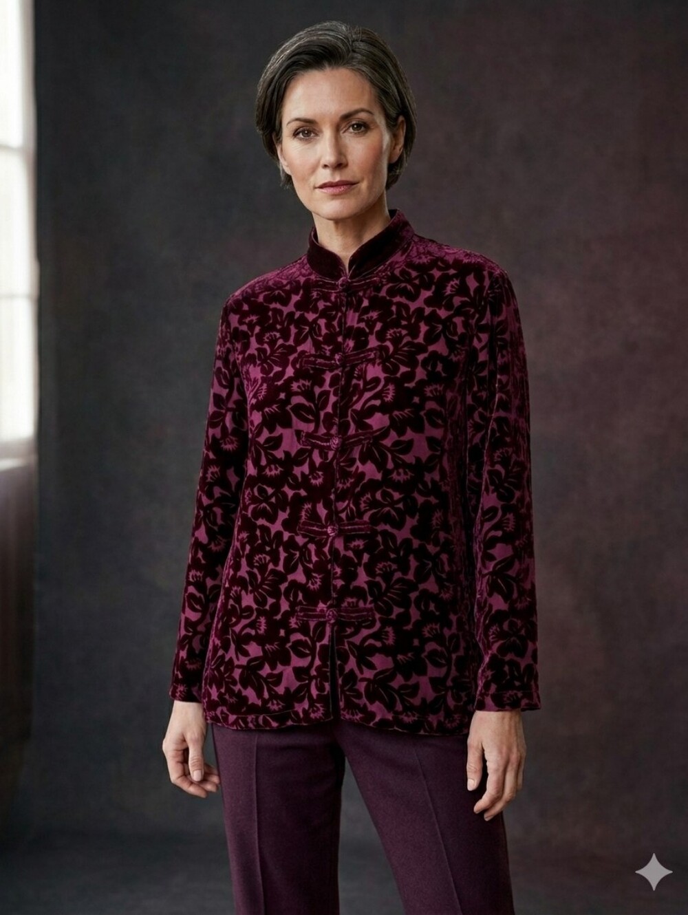 Burgundy Velvet Burnout Blouse Floral Design Asian Inspired Mandarin Collar - Picture 1 of 10